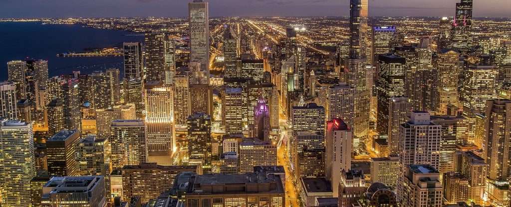 City lights on at night