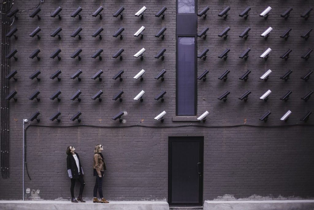 Surveillance cameras on a building