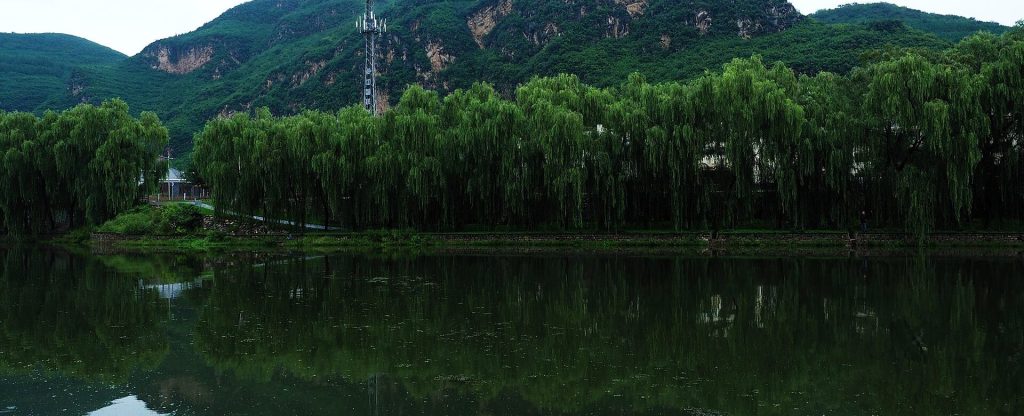 Radio transmission tower on a lake shore